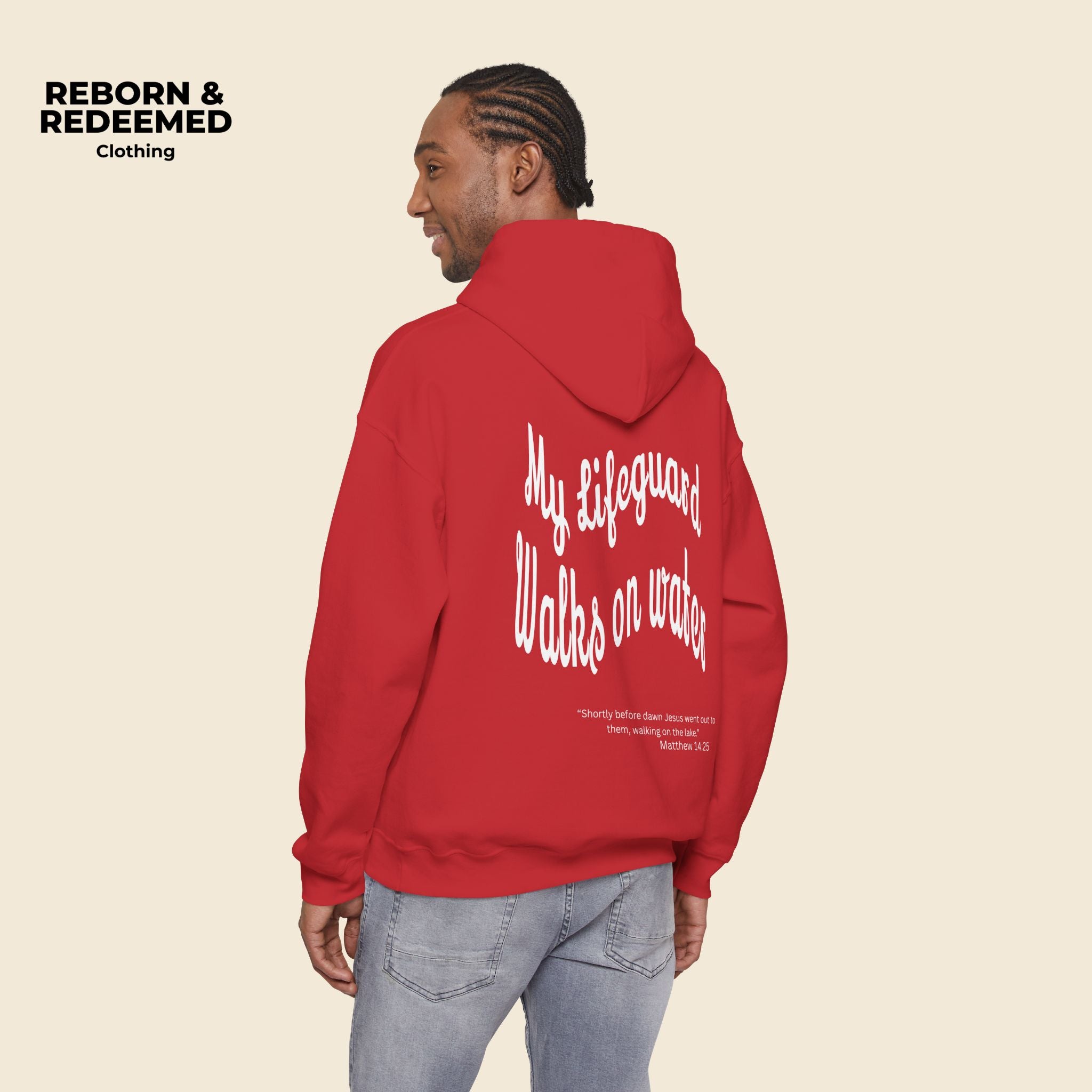 Reborn & Redeemed Hoodie — "My Lifeguard Walks on Water" Christian Faith Pullover
