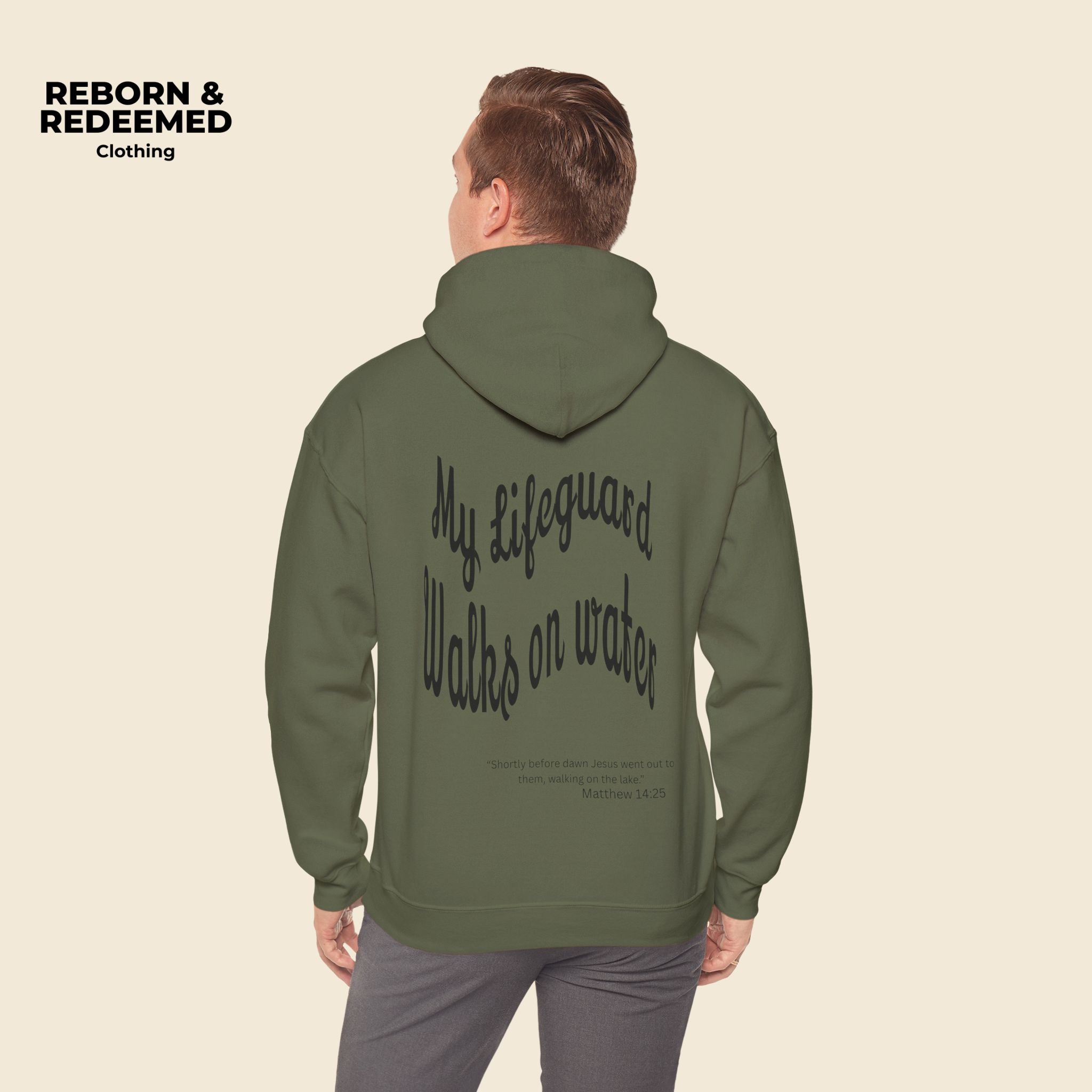 Reborn & Redeemed Hoodie — "My Lifeguard Walks on Water" Christian Faith Pullover