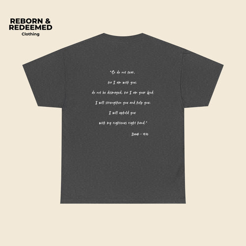 Dark gray t-shirt with text on the back on a beige background, featuring the brand 'Reborn & Redeemed'. | Dark Heather