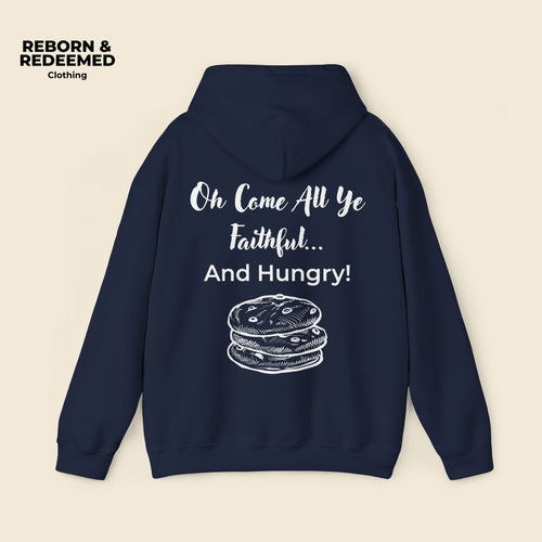 Navy blue hoodie with white text and graphic on the back, on a beige background. | Navy