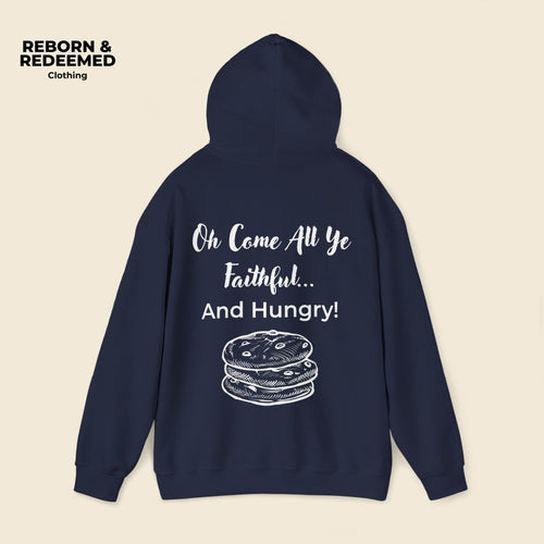 Navy blue hoodie with white text and graphic on a beige background | Navy